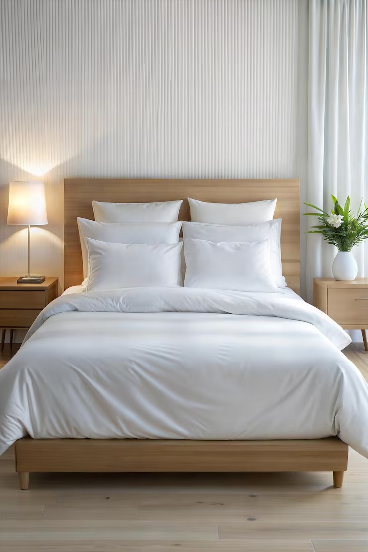 9 Bed Bedroom Is Made White Linen Sheet Blanket Pillowcases Are by Orient Uniforms for customers in Dubai, Abu Dhabi, Sharjah, Ajman and across the UAE